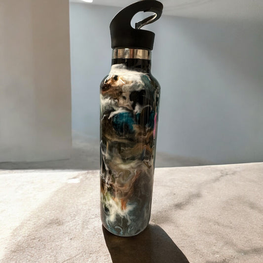 24 oz Water bottle with ink swirls Teal, orange, white and brown