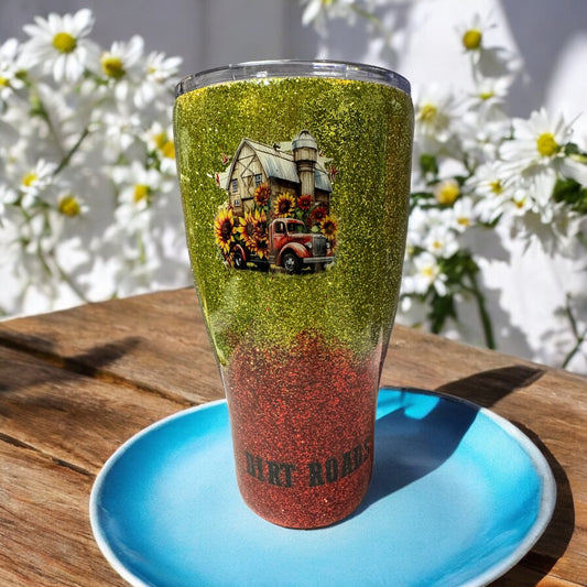 30 oz curved tumbler Dirt roads with stunning glitter background