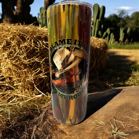 20 oz Blame it all on my roots tumbler with gorgeous fall background