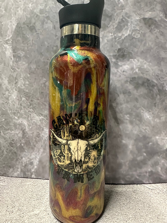 24 oz water bottle with "Can't be Tamed" with steer skull