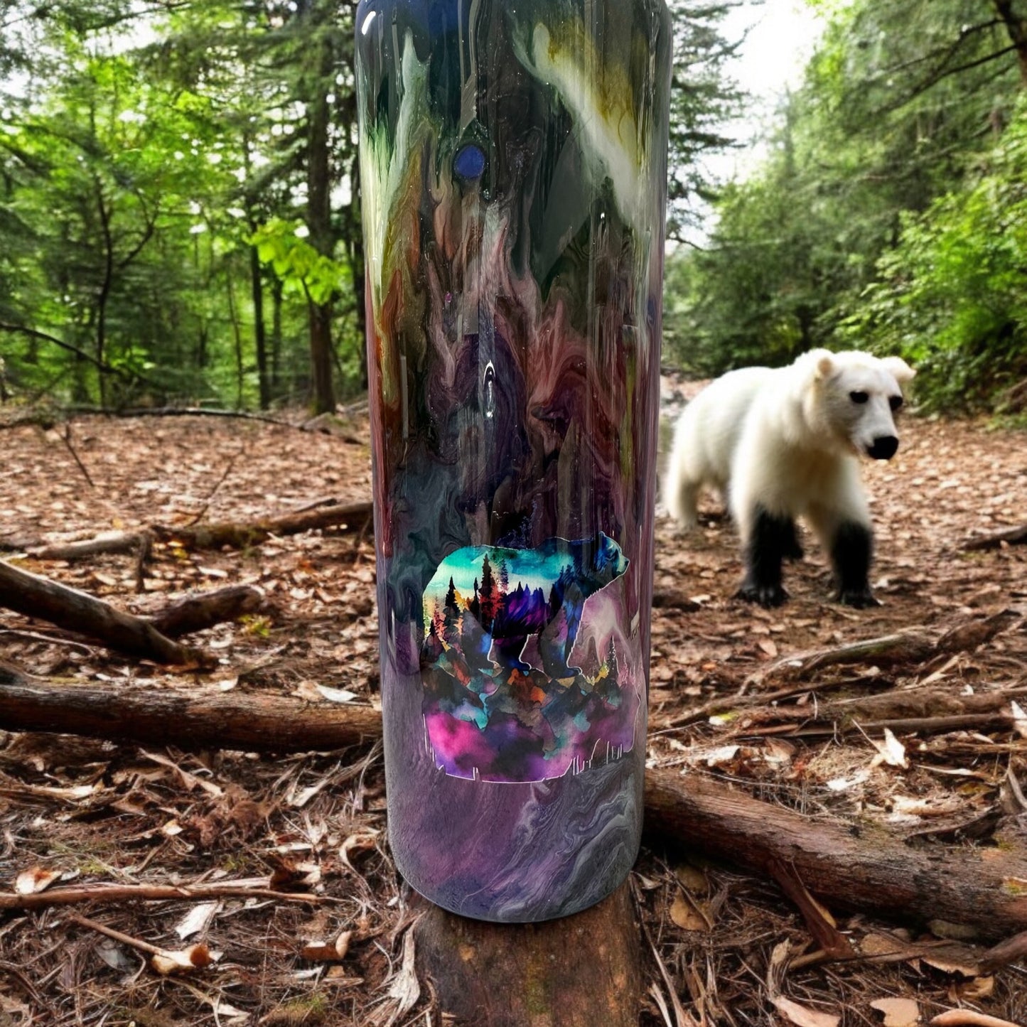 Stunning 30 oz ink swirl with Bear scene within tumbler