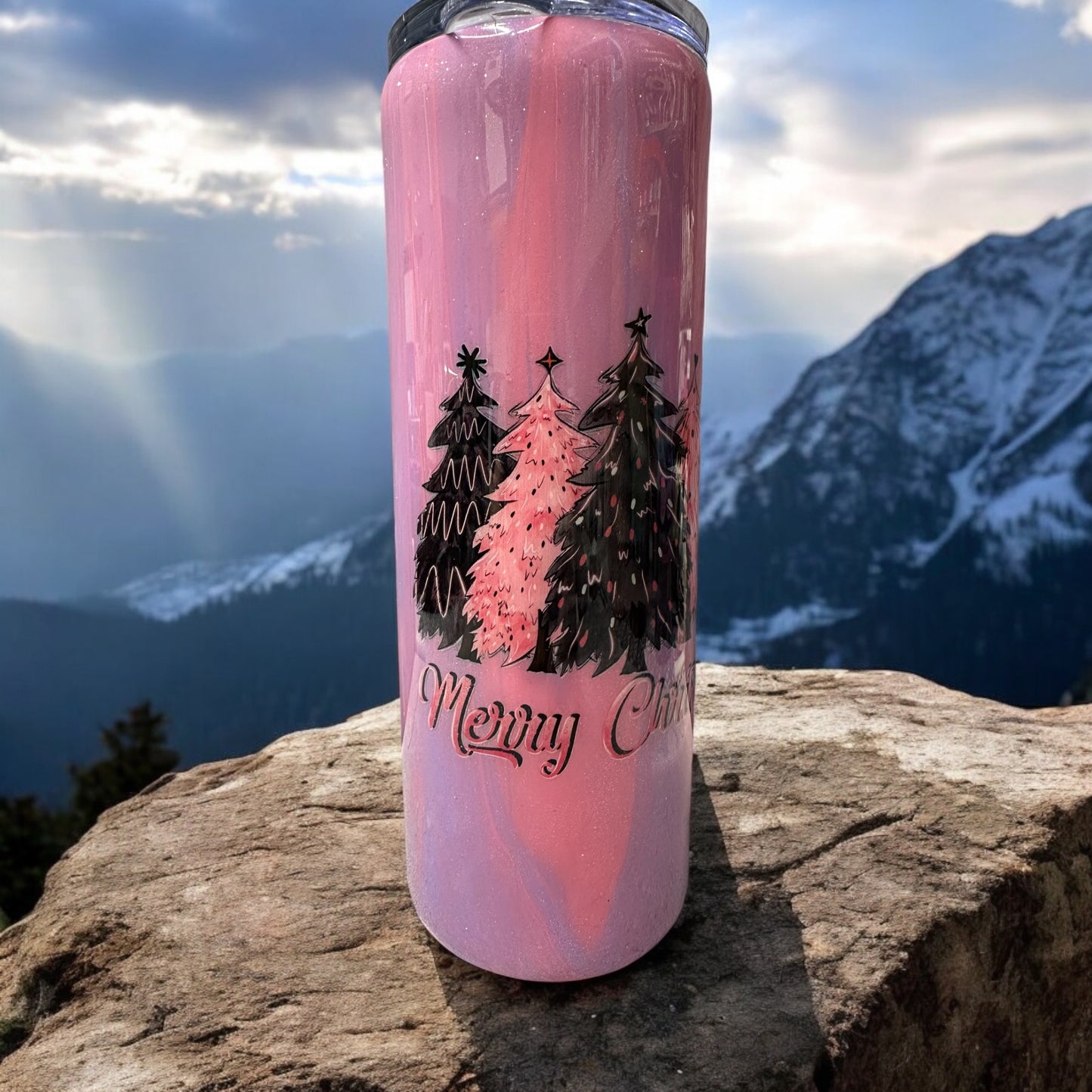 20 oz Merry Christmas tumbler with Pink and black trees