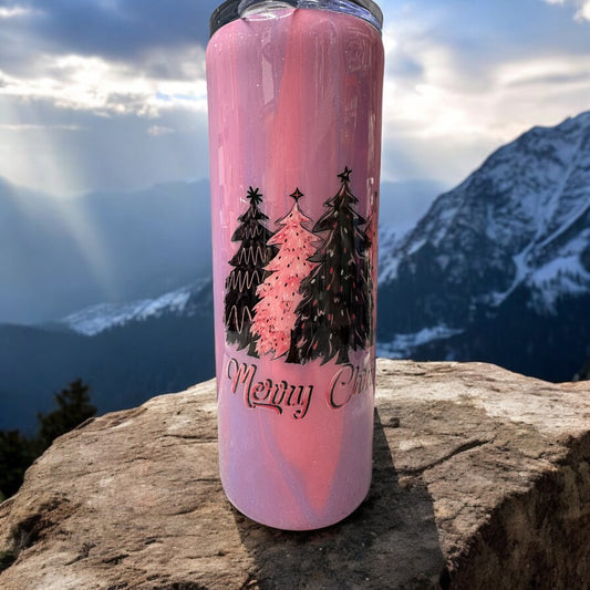 20 oz Merry Christmas tumbler with Pink and black trees