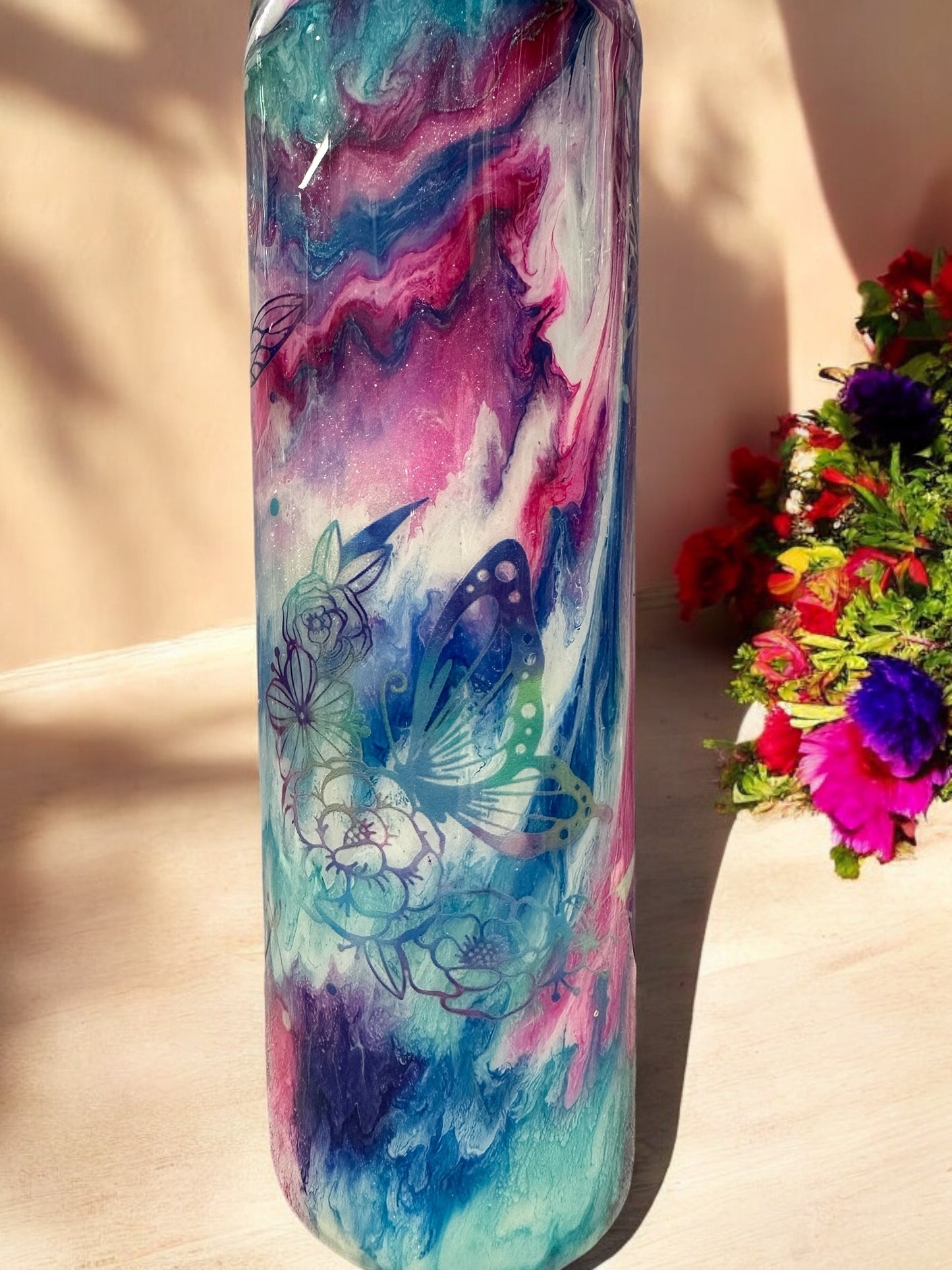 30 oz with handle Pink, blue and white with butterflies