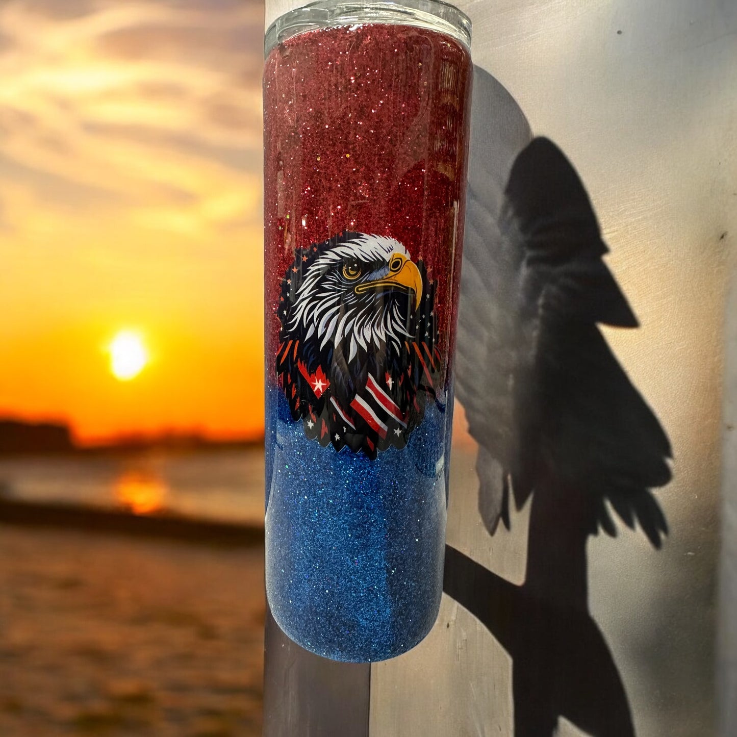 Stunning Eagle on Blue and red glitter 30 oz tumbler