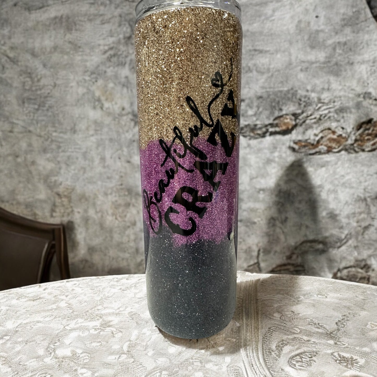 Beautiful Crazy 30 oz tumbler with glitter background