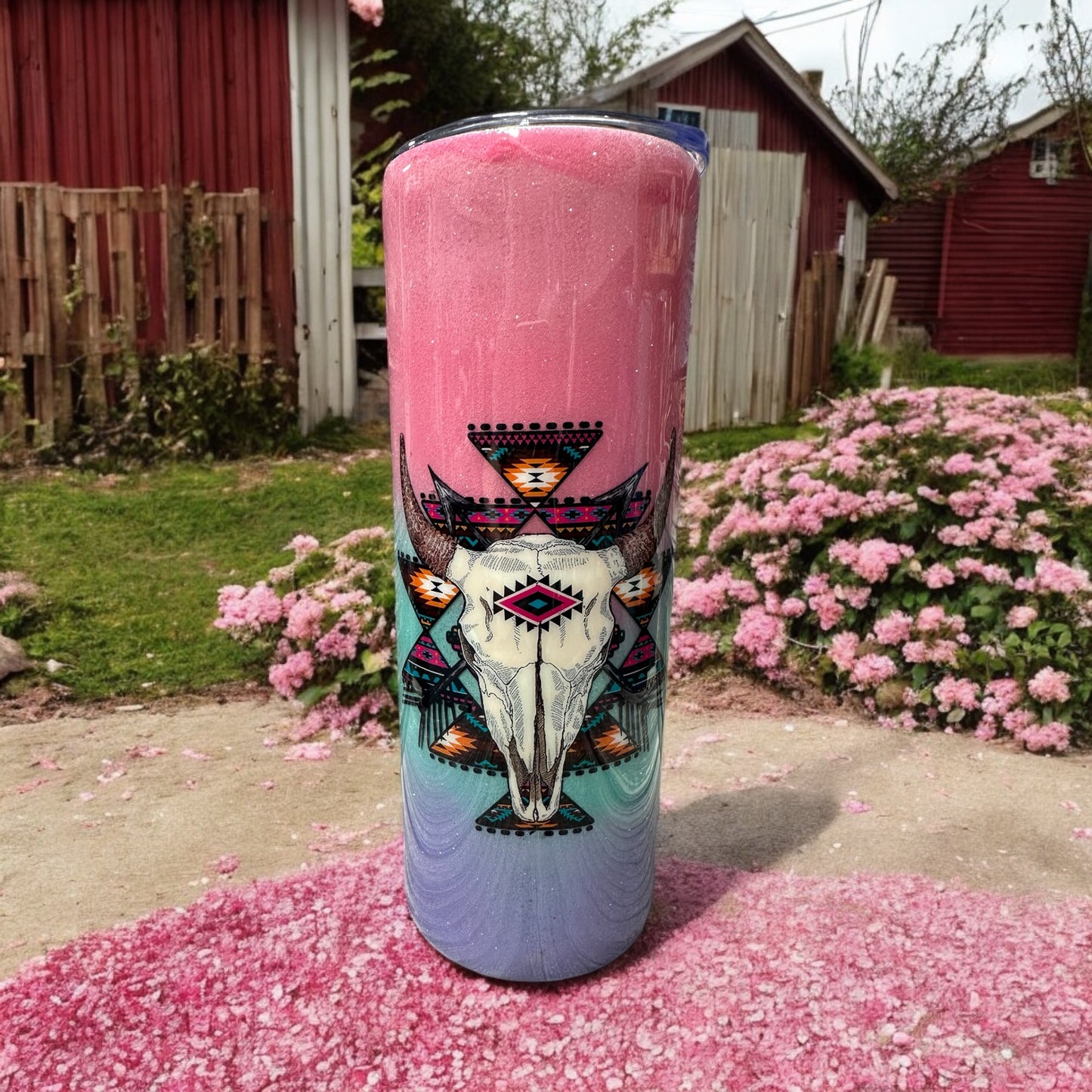 20 oz Cow Skull with glitter background