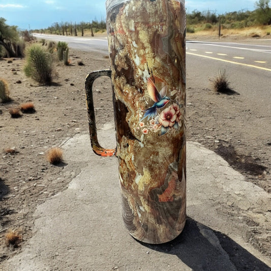 Stunning Copper and Cream marble with hummingbirds tumbler 30oz with handle