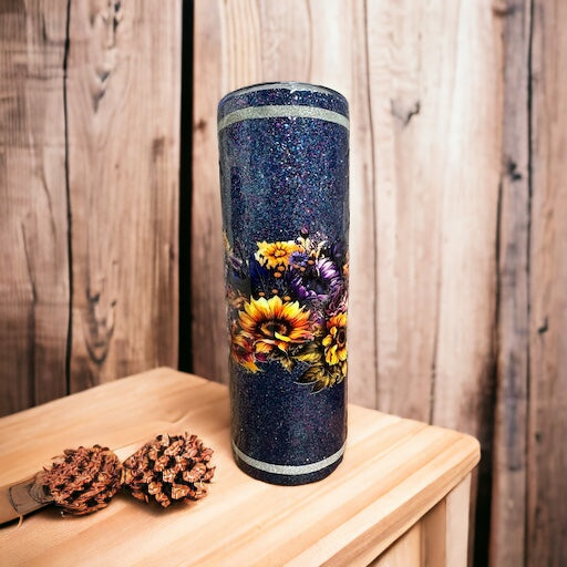 20 oz tumbler navy blue with glitter and flowers