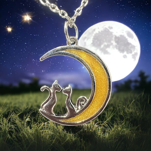 Cats in the moon on sliver necklace