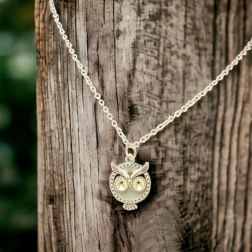 White Owl on silver necklace