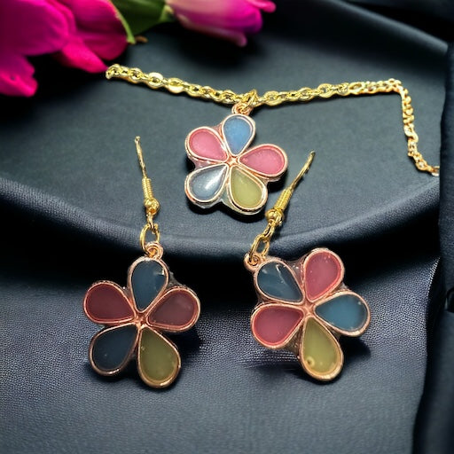 Colorful flower resin necklace and earing set