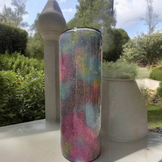 Pastel Pink, blue yellow colors covered in glitter 20 oz tumbler