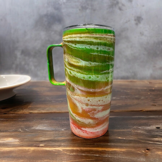 20 oz with handle green, orange and red swirl Tumbler