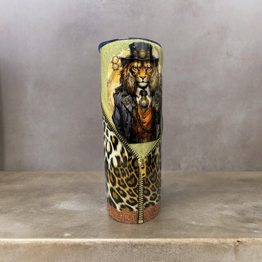 20 oz tumbler with Lion and leopard print and zipper