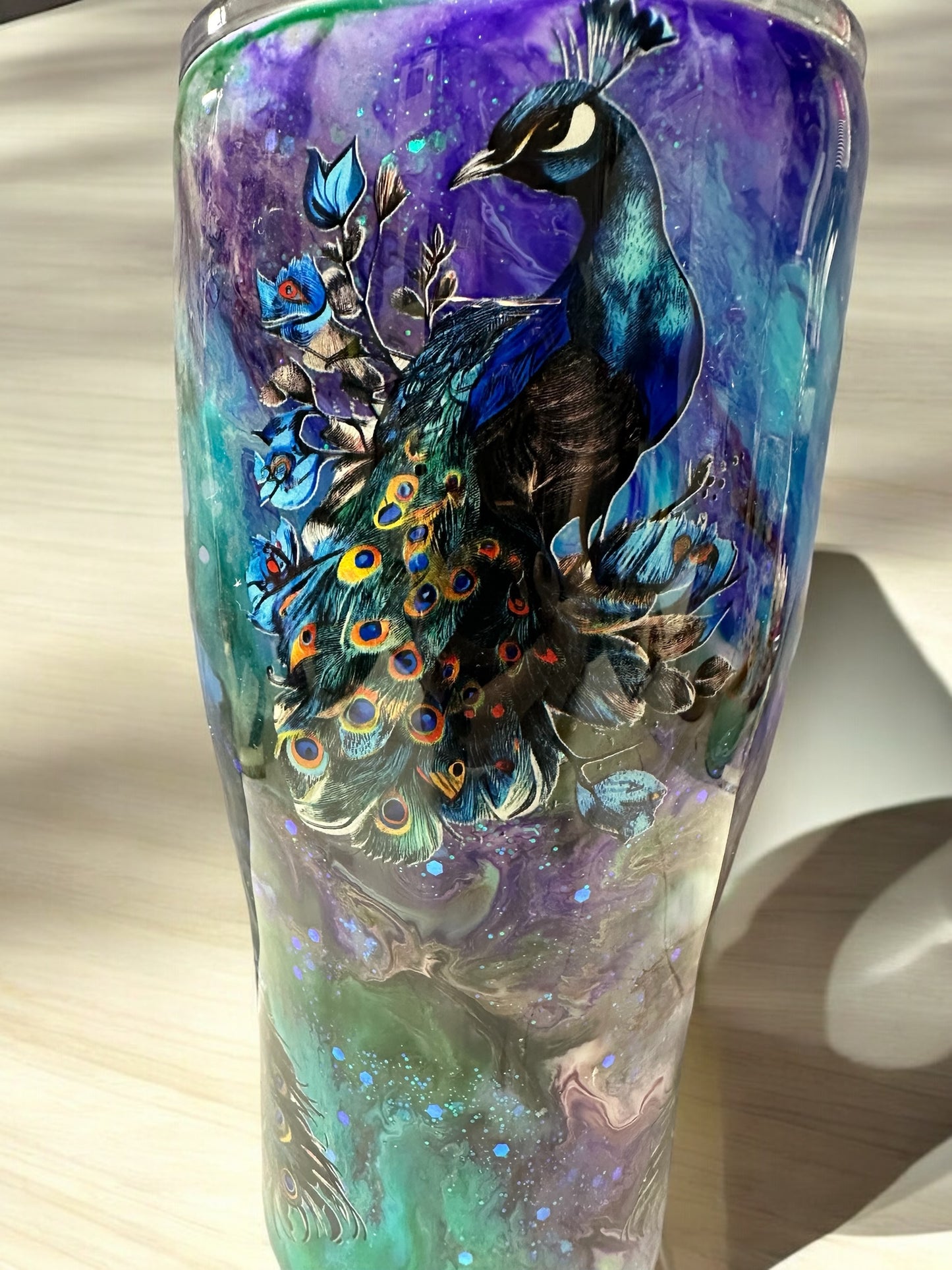 Stunning 30 oz tumbler with Peacocks and amazing colors