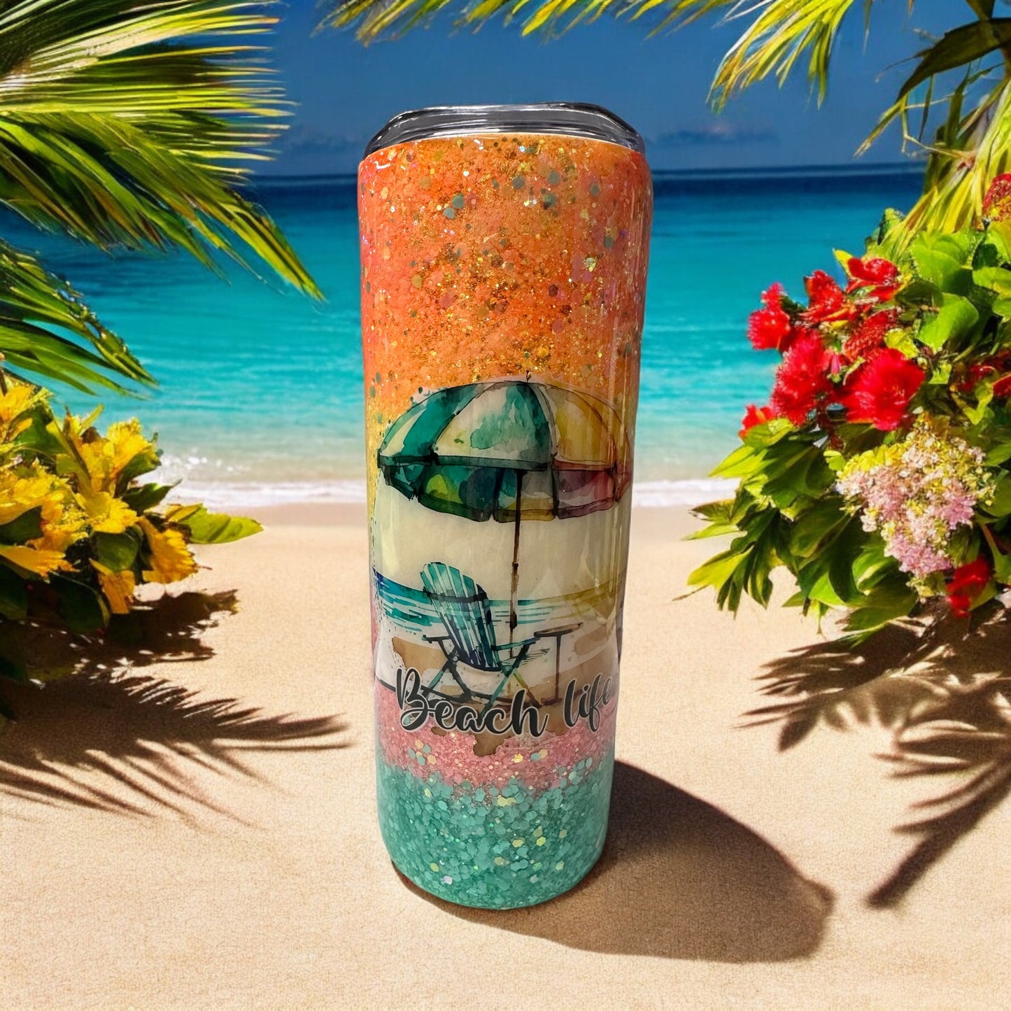 Beach Life 20 oz tumbler with chunky glitter