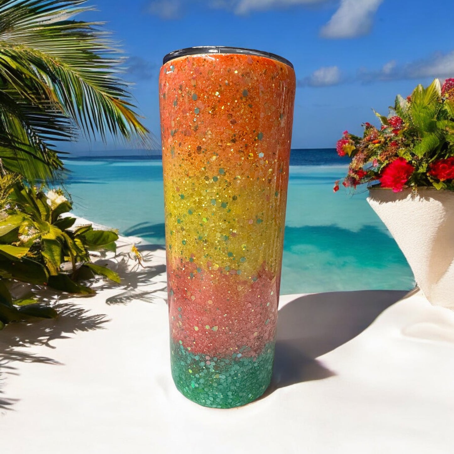 Beach Life 20 oz tumbler with chunky glitter