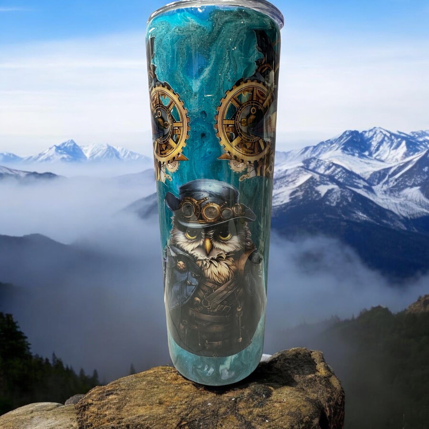 Owl with flowers on stunning Teal background 20 oz tumbler