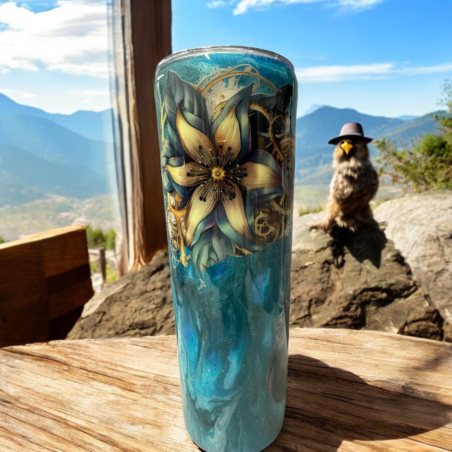 Owl with flowers on stunning Teal background 20 oz tumbler