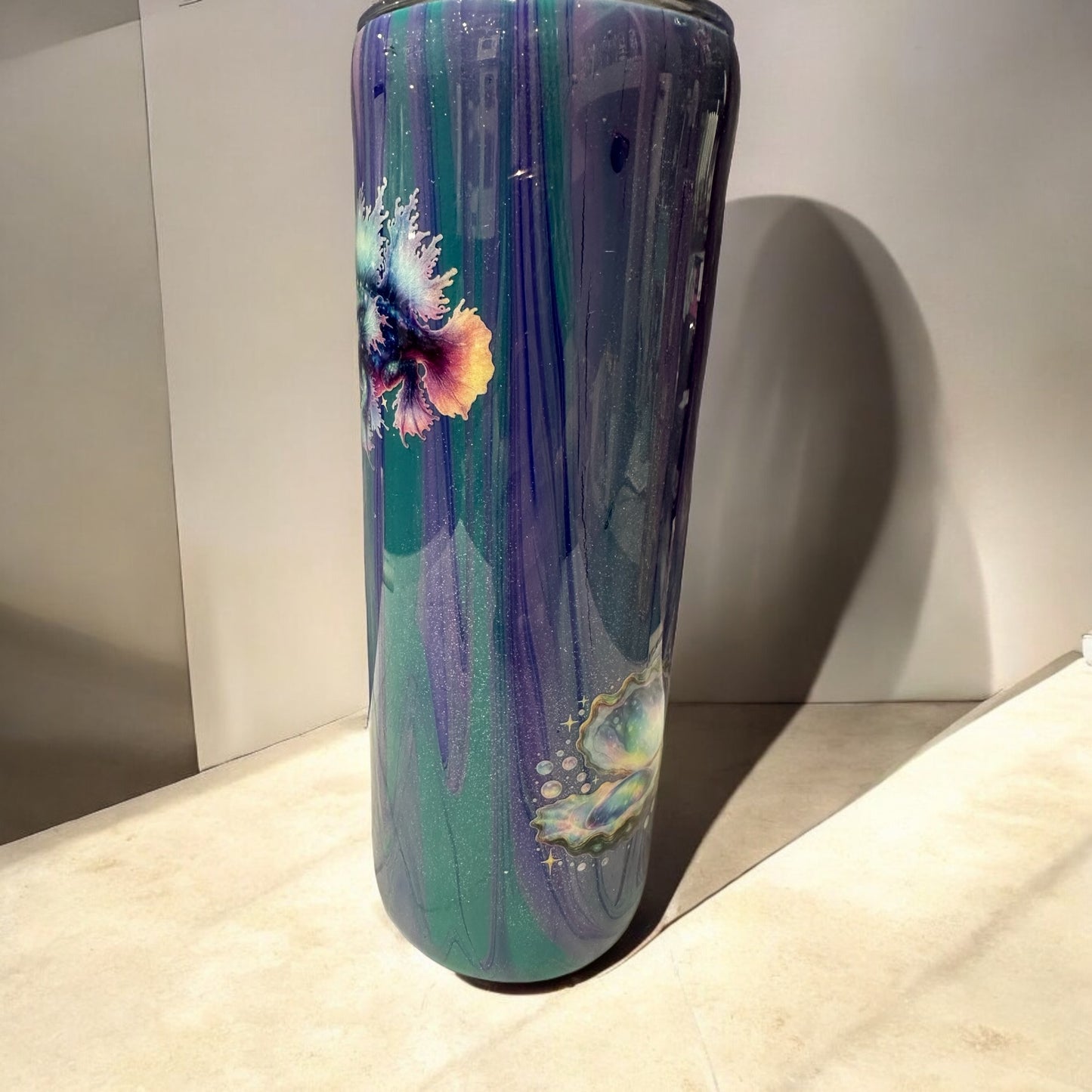 Purple,teal and blue tumbler with sea life 20 oz tumbler