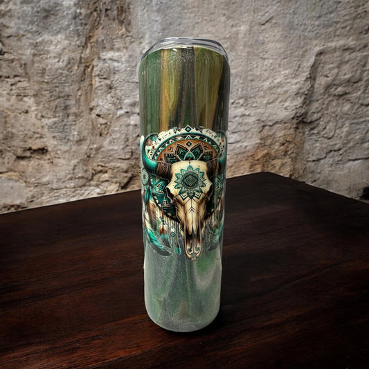 Cow skull with teal design 20 oz tumbler