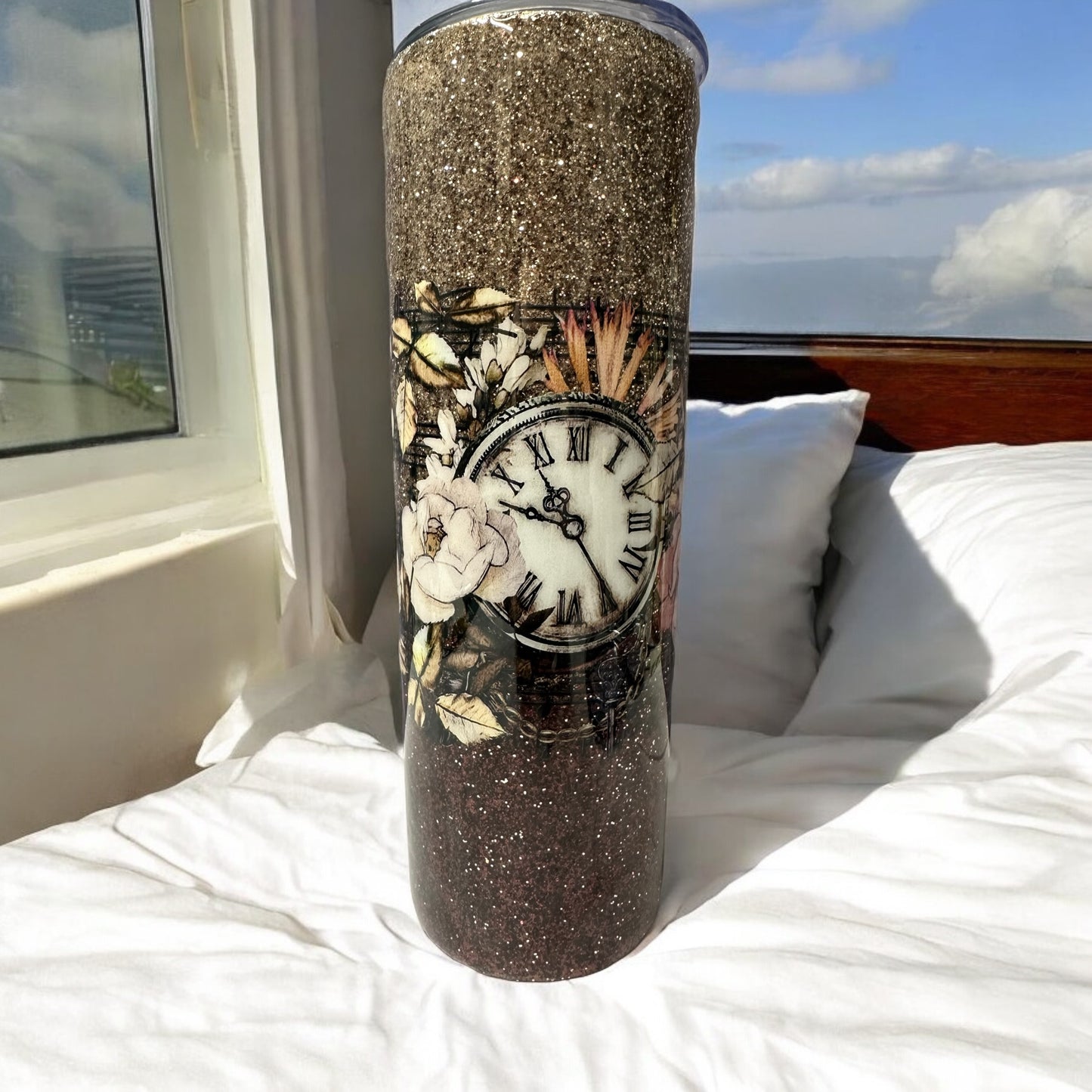 Antique Clock and flowers on stunning gold and Burgandy glitter 20 oz tumbler