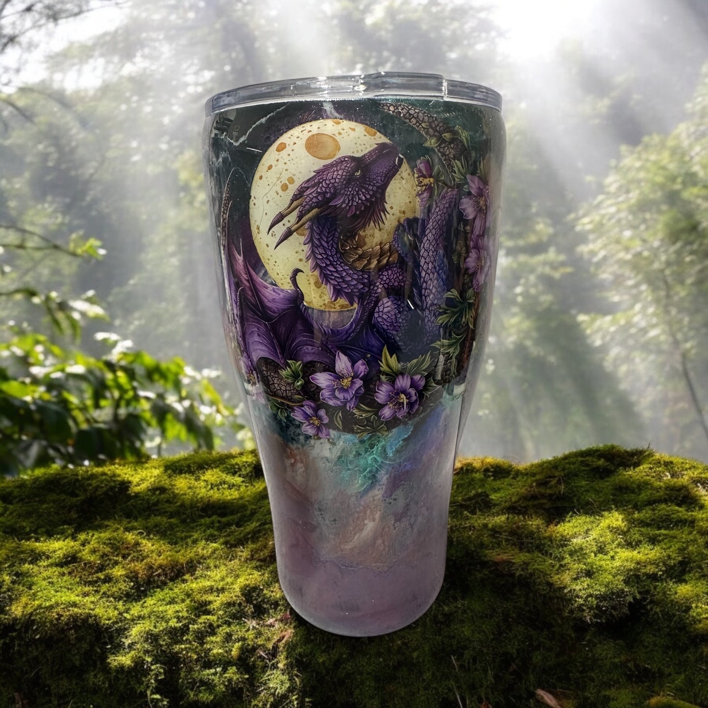 2 Purple Dragons on purple swirl background 30 0z tumbler