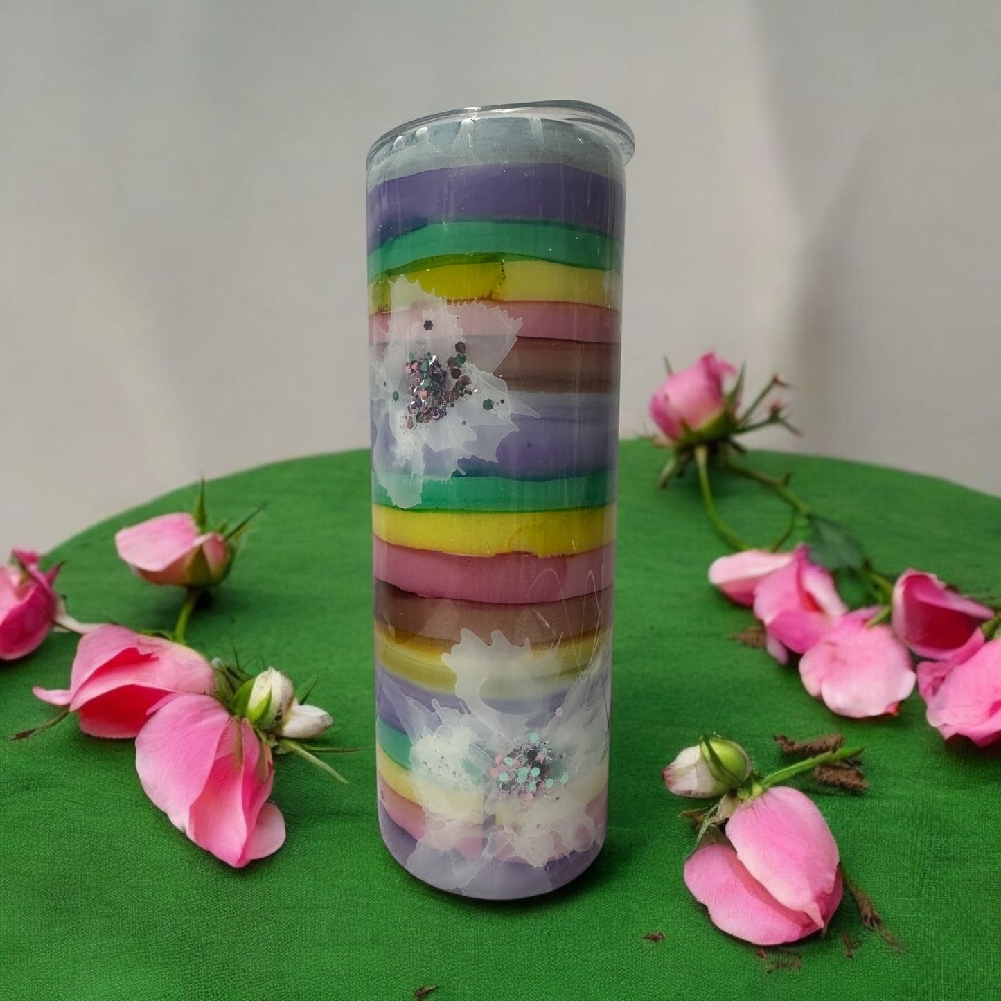 20 oz Rainbow colors and flowers tumbler