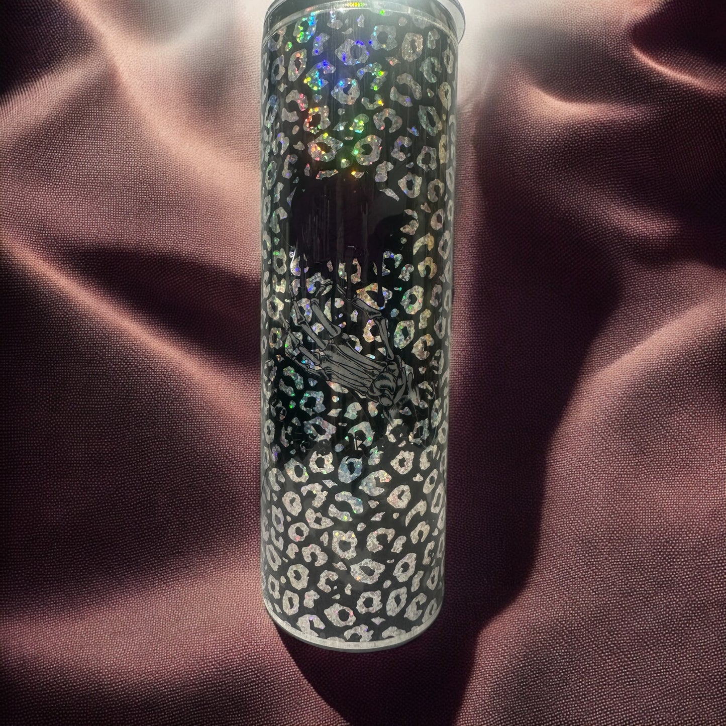 30 oz Silver holo leopard print with rose tumbler