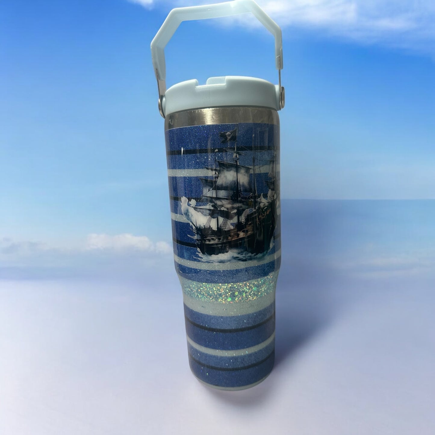 24 oz Water Bottle with Stripes and a ship