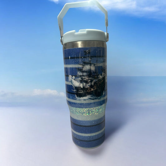 24 oz Water Bottle with Stripes and a ship