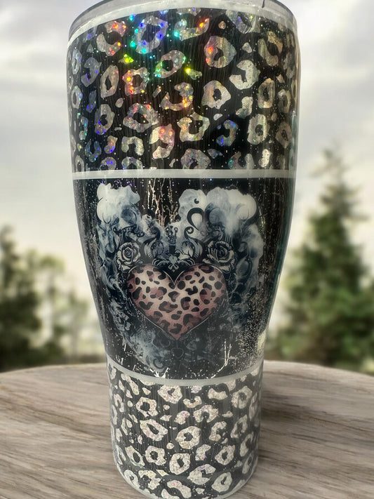 30 oz Leopard and Heart tumbler