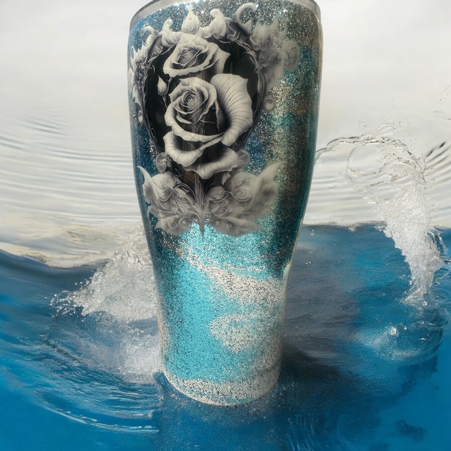 30 oz blue and silver glitter tumbler with stunning heart