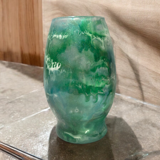 7 inch Green and white vase looks like stained glass