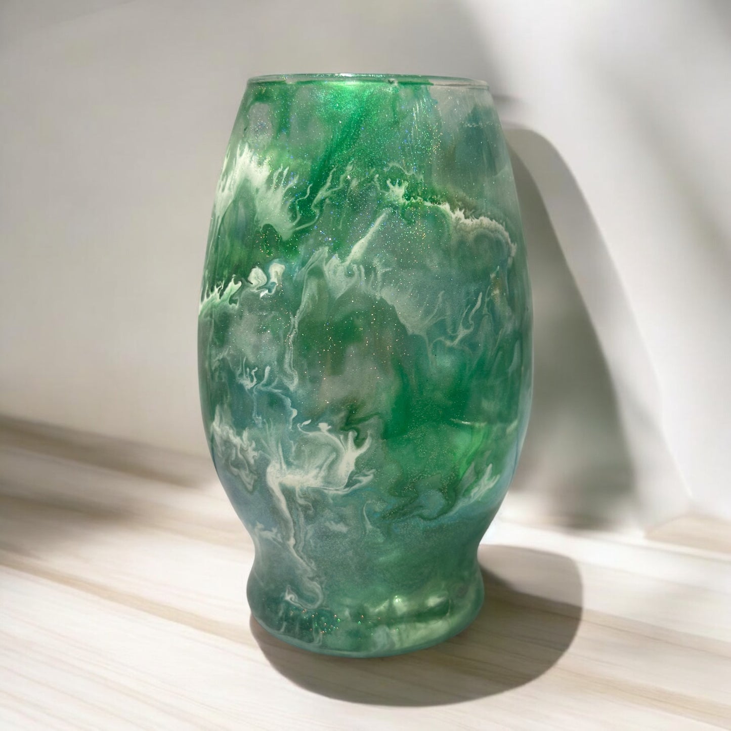 7 inch Green and white vase looks like stained glass