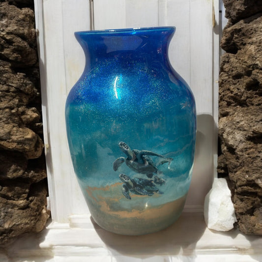 Stunning Beach view Vase with turtles 7 inches tall