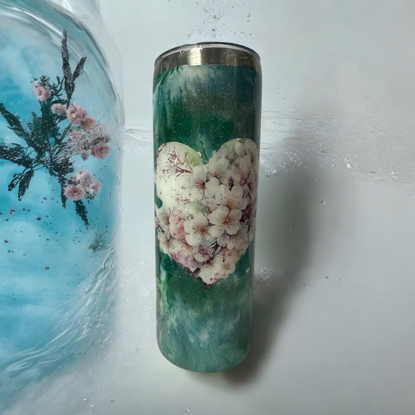 20 oz Green ink with Cherry Blossom Heart