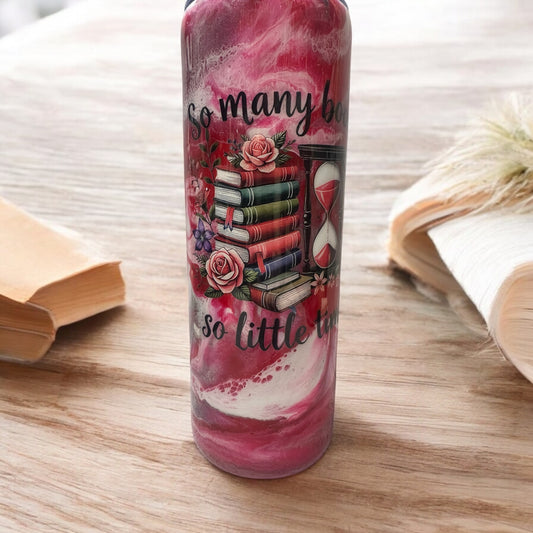 20 oz Red Tumbler with "Too many books so little time"