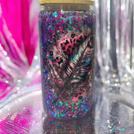 16 oz Snow globe tumbler with Purple glitter and feather