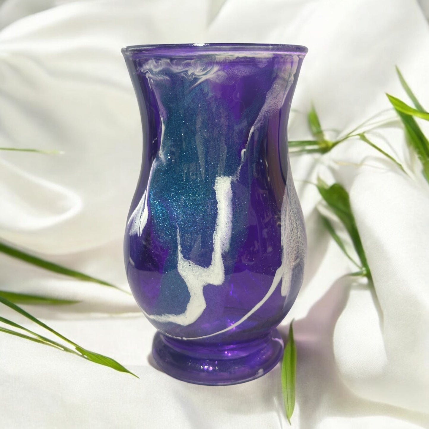 Purple Glass Vase with Blue and White Swirl 7 inches