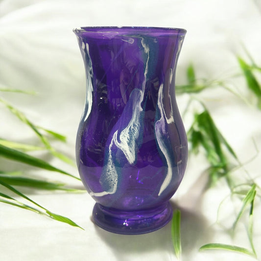 Purple Glass Vase with Blue and White Swirl 7 inches