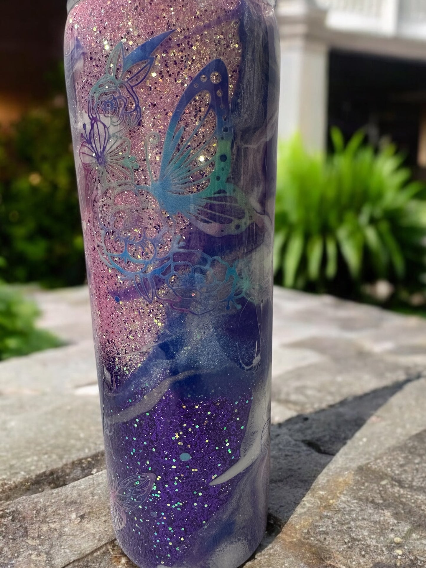 30 oz Pink and Purple glitter tumbler with butterfly's