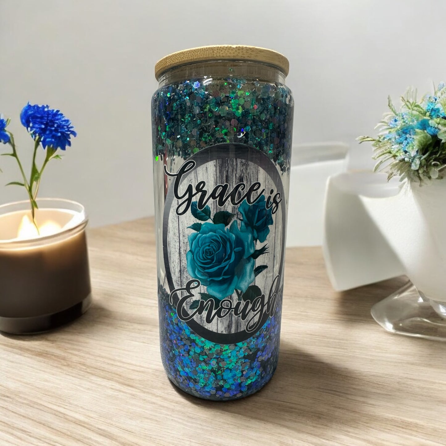 20 oz Snow Globe with handle "Grace is Enough"