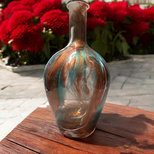 9 inch Amber vase with cooper and teal ink swirl