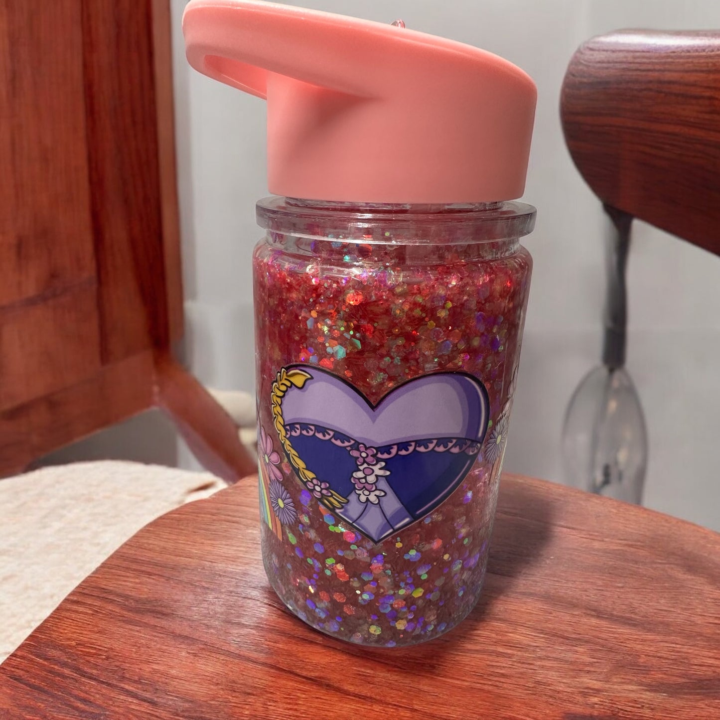 Kids 10 oz water bottler snow globe with Purple heart and rainbow