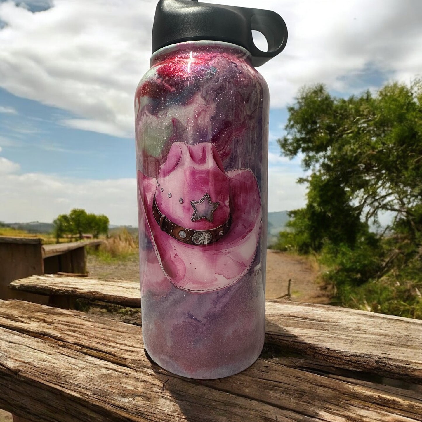 35 oz Water bottle with Pink Cow girl hat tumbler